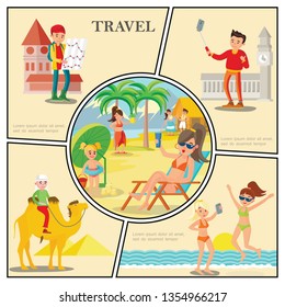 Flat travel composition with women relax on beach man riding camel tourists near famous world sights vector illustration