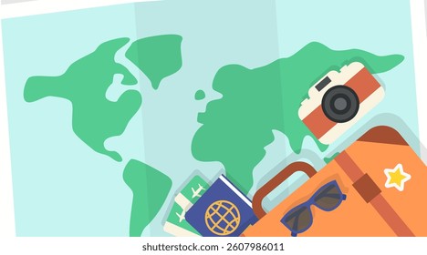 Flat Travel Concept with World Map, Passport, Suitcase, Camera and Vacation Elements – Vector Illustration