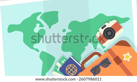 Flat Travel Concept with World Map, Passport, Suitcase, Camera and Vacation Elements – Vector Illustration