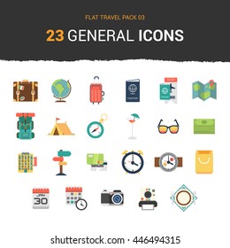 Flat travel general icon design with various item such as suitcase, globe, passport, map, compass, backpack, tent, and others that can be use in article, magazine, or for graphic element.