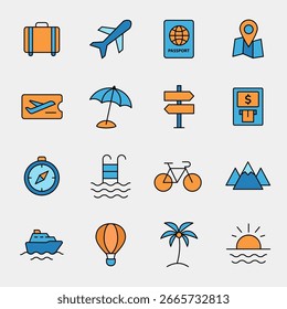 Flat Travel Icon Set in Blue and Orange, Vacation and Tourism Vector Illustration