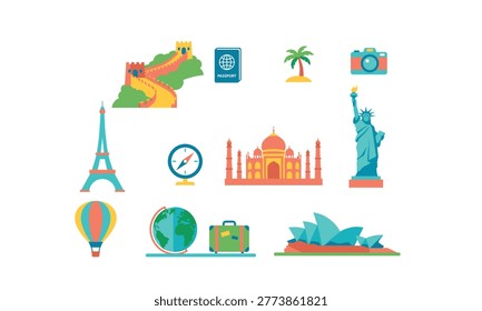 Flat travel icon set featuring world famous landmarks, taj mahal, great wall, eiffel tower, statue of liberty, and vacation elements.