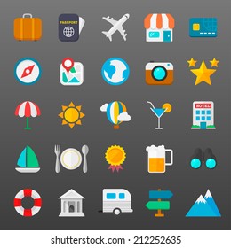 Flat travel icons vector collection with of travel element. Isolated on multi-color background 