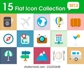 Flat travel icons vector collection with of travel element. Isolated on multi-color background 