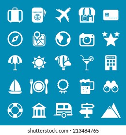 Flat travel icons vector collection with of web Isolated on blue background. 