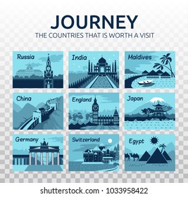 Flat travel illustration with different landmarks on transparent background. Journey. Countries that is worth visit. Travel and turism.