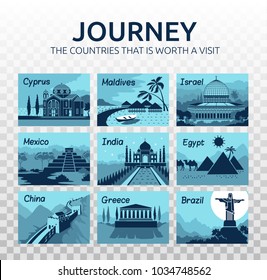 Flat travel illustration with different landmarks on transparent background. Journey. Countries that is worth visit. Travel and turism.