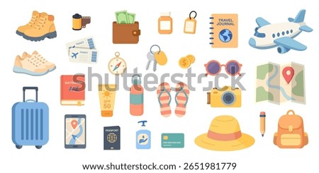Flat travel illustration featuring essential items like passport, tickets, backpack, map, phone, and sunscreen, all representing travel adventures and travel planning inspiration.