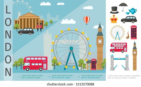 Flat Travel To London colorful concept with bus car attractions cylinder hat umbrella teapot crown phone booth smoking pipe vector illustration