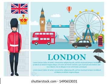 Flat Travel To London concept with british royal guard crown UK flag raven umbrella bus car phone booth famous landmarks vector illustration