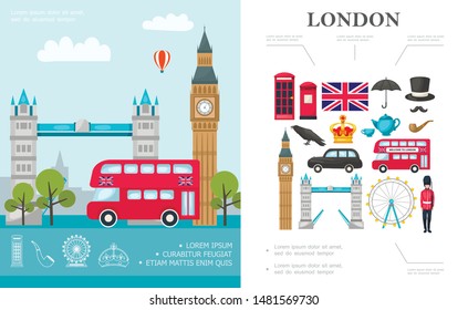 Concepto de viaje plano a Londres con el autobús Big Ben Tower Bridge Guardia Real Británica y elementos nacionales de Gran Bretaña ilustración vectorial