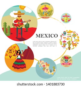 Flat Travel To Mexico colorful template with mexican people and traditional national elements vector illustration