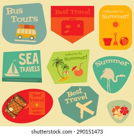 Flat Travel Stickers Set - Vacation Items in Retro Style - Flat Design Style. Layered file. Vector Illustrations.
