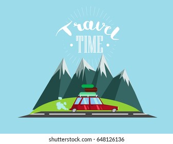 Flat travel time background. Mountains and cartoon car with suitcases, traveling. Travel car. Vector illustration