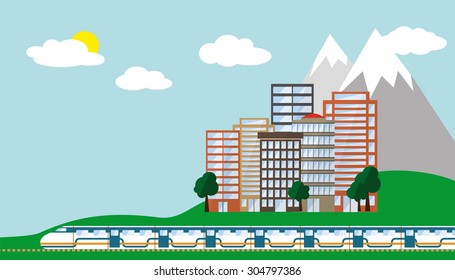 Flat travel with train passing a city with mountains,sun and clouds in the background. Vector and illustration design. 