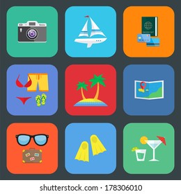 Flat travel or vacation icon set