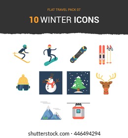 Flat travel winter icon design with various item such as ski, snowboard, beanie, snowman, tree, mountain,  and others, that can be use in article, magazine, or for graphic element.