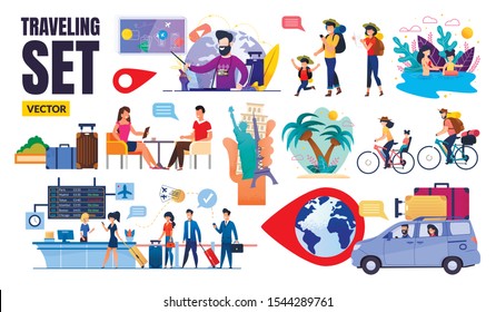 Flat Traveling Set Vector with Happy Tourists. Cartoon People Characters in Airport, Driving Car, Swimming, Cycling Illustration. Attraction in Human Hand. Trip Round World. Tour Agency