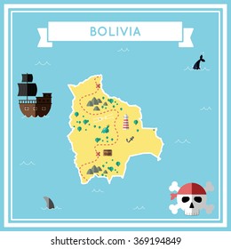 Flat treasure map of Bolivia. Colorful cartoon treasure map with flat icons of pirate ship, jolly roger, treasure chest and banner ribbon. Flat design vector illustration.