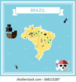Flat treasure map of Brazil. Colorful cartoon treasure map with flat icons of pirate ship, jolly roger, treasure chest and banner ribbon. Flat design vector illustration.
