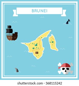 Flat treasure map of Brunei. Colorful cartoon treasure map with flat icons of pirate ship, jolly roger, treasure chest and banner ribbon. Flat design vector illustration.