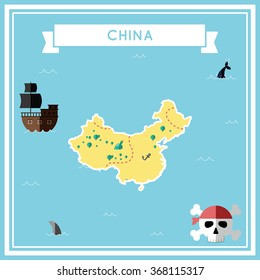 Flat treasure map of China. Colorful cartoon treasure map with flat icons of pirate ship, jolly roger, treasure chest and banner ribbon. Flat design vector illustration.