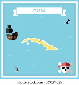 Flat treasure map of Cuba. Colorful cartoon treasure map with flat icons of pirate ship, jolly roger, treasure chest and banner ribbon. Flat design vector illustration.