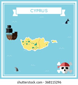 Flat treasure map of Cyprus. Colorful cartoon treasure map with flat icons of pirate ship, jolly roger, treasure chest and banner ribbon. Flat design vector illustration.