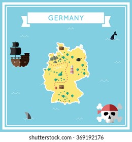 Flat treasure map of Germany. Colorful cartoon treasure map with flat icons of pirate ship, jolly roger, treasure chest and banner ribbon. Flat design vector illustration.