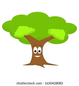 Flat tree cartoon smile illustration on white background. Isolated vector tree simple design of forest. A good environment is an oxygen generator.