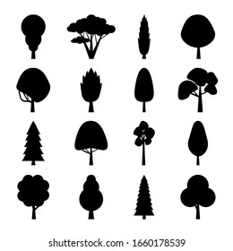Colección de árboles planos. Conjunto de iconos aislados árboles forestales. Ilustración del vector
