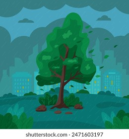 Flat tree concept of rainy day on city view background with houses. Hand drawn image of stormy windy cloudy wet weather. Vector cartoon illustration of showery day with tree for poster or template