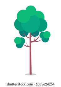 Flat tree icon isolated on white. Vector illustration of tall trunk, thin branches with circular foliage in different shades of green and blue