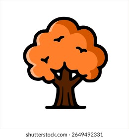 Flat tree icon with symmetrical rounded canopy, cartoon style, suitable for eco or nature-themed graphics.