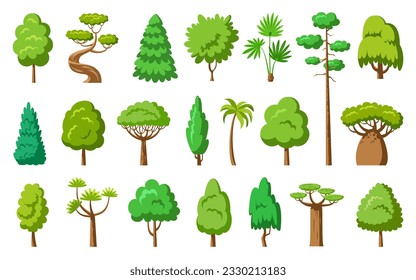 Flat tree set. Spruce maple baobab palm sequoia. Stylized eco plants side view. Dracaena willow cypress thuja pine oak poplar birch. Cartoon green trees forest. Aspen alder ash linden acacia chestnut