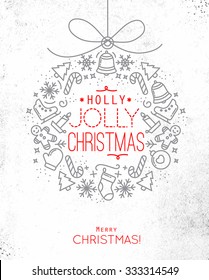 Flat tree toy card lettering holly jolly Christmas drawing with thin grey and red lines on dirty paper