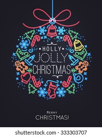 Flat tree toy in neon style lettering holly jolly Christmas drawing with thin color lines on black background