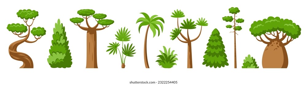 Flat trees and bush set. Deciduous and evergreen tropical stylized eco plants side view. Spruce maple baobab palm sequoia dracaena cypress thuja pine oak acacia. Cartoon green forest arboretum garden