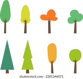 Flat trees collection. Botanical set simple plant silhouette icon. Natural vector illustration. Cartoon trees elements