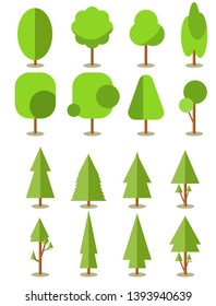Flat trees in a flat design. Different trees collection. Trees logo icon.
