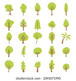 Flat trees in a flat design. Isolated on white. Vector icons.