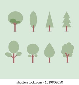 Flat trees in a flat design. Isolated on white. Vector icons.