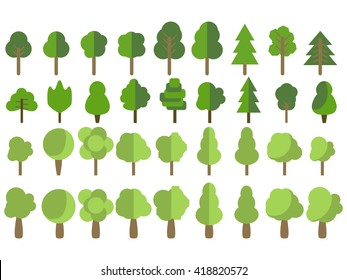 Flat trees in a flat design. Isolated on white. Vector icons.