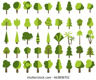 Flat trees in a flat design. Isolated on white. Vector icons.