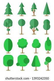 Flat trees in a flat design. Natural product store, garden, nature cosmetics, ecology company. Different trees collection.