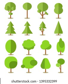 Flat trees in a flat design. Natural product store, garden, nature cosmetics, ecology company. Different trees collection.