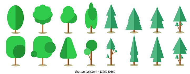 Flat trees in a flat design. Natural product store, garden, nature cosmetics, ecology company. Different trees collection.