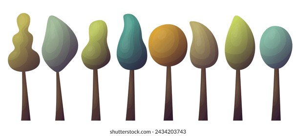 Flat trees in a flat design. Natural product store, garden, nature cosmetics, ecology company. Different trees collection.