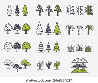 Flat trees icons, for forest, garden, or park landscape elements. Showcase various plants in nature. This green, isolated set highlights the beauty of trees, bushes, and foliage in a natural.