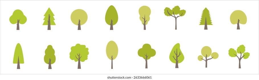 Flat trees are installed. Flat forest tree nature plants isolated eco leaves.